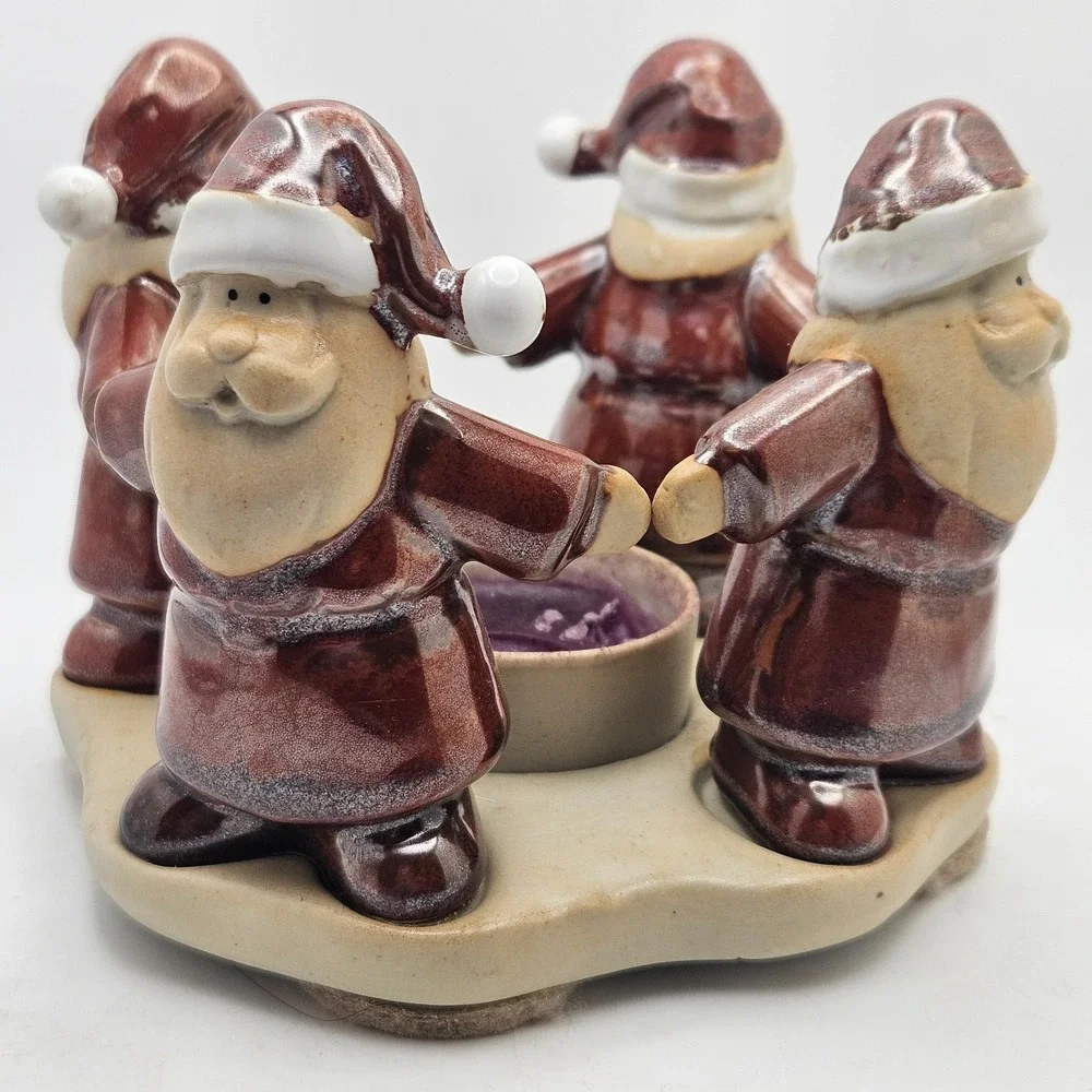 Vintage Santa Tea Light Holder Ceramic 4 Dancing Santas Christmas Decor w/ Box
